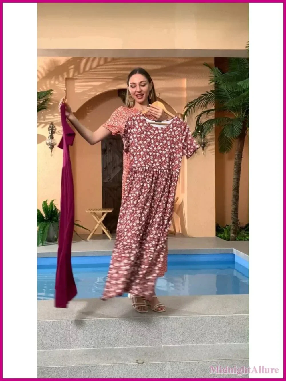 Women's Summer Maxi Dress Short Sleeve Crewneck Flowy Swing Tiered Long Beach